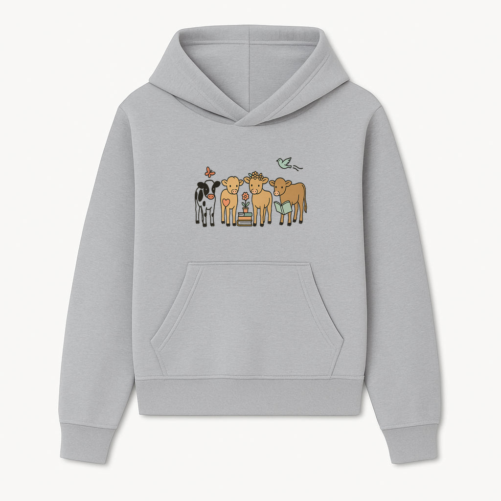 Cute Farm Animal Art Print - Cows with Books, Flower, and Butterfly - Whimsical Home Decor for Animal Lovers and Kids' Rooms - Hoodie 1758093391615.jpg