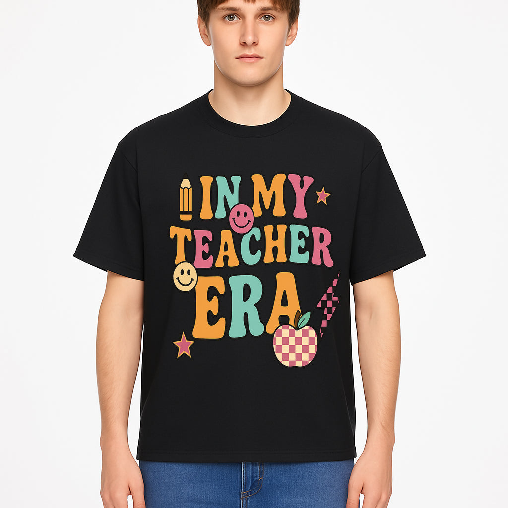 In My Teacher Era Graphic Tee - Retro Style with Happy Faces and School Elements, Perfect for Educators - T-shirt 1758093391771.jpg