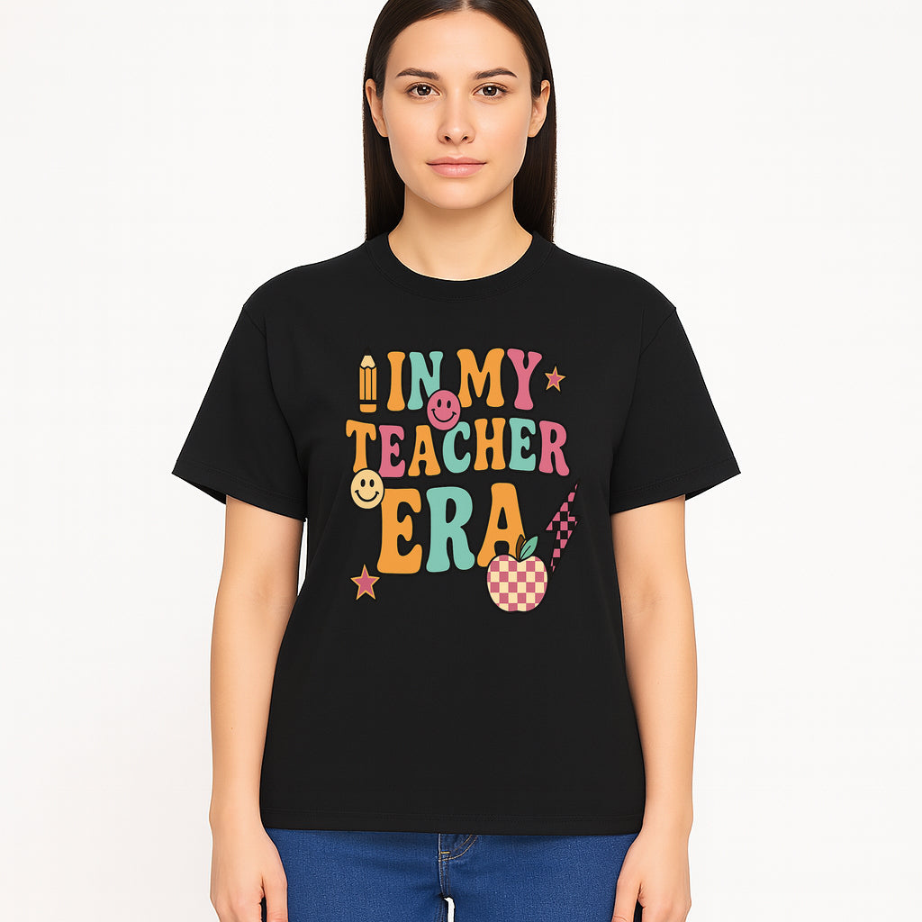 In My Teacher Era Graphic Tee - Retro Style with Happy Faces and School Elements, Perfect for Educators - T-shirt 1758093391931.jpg