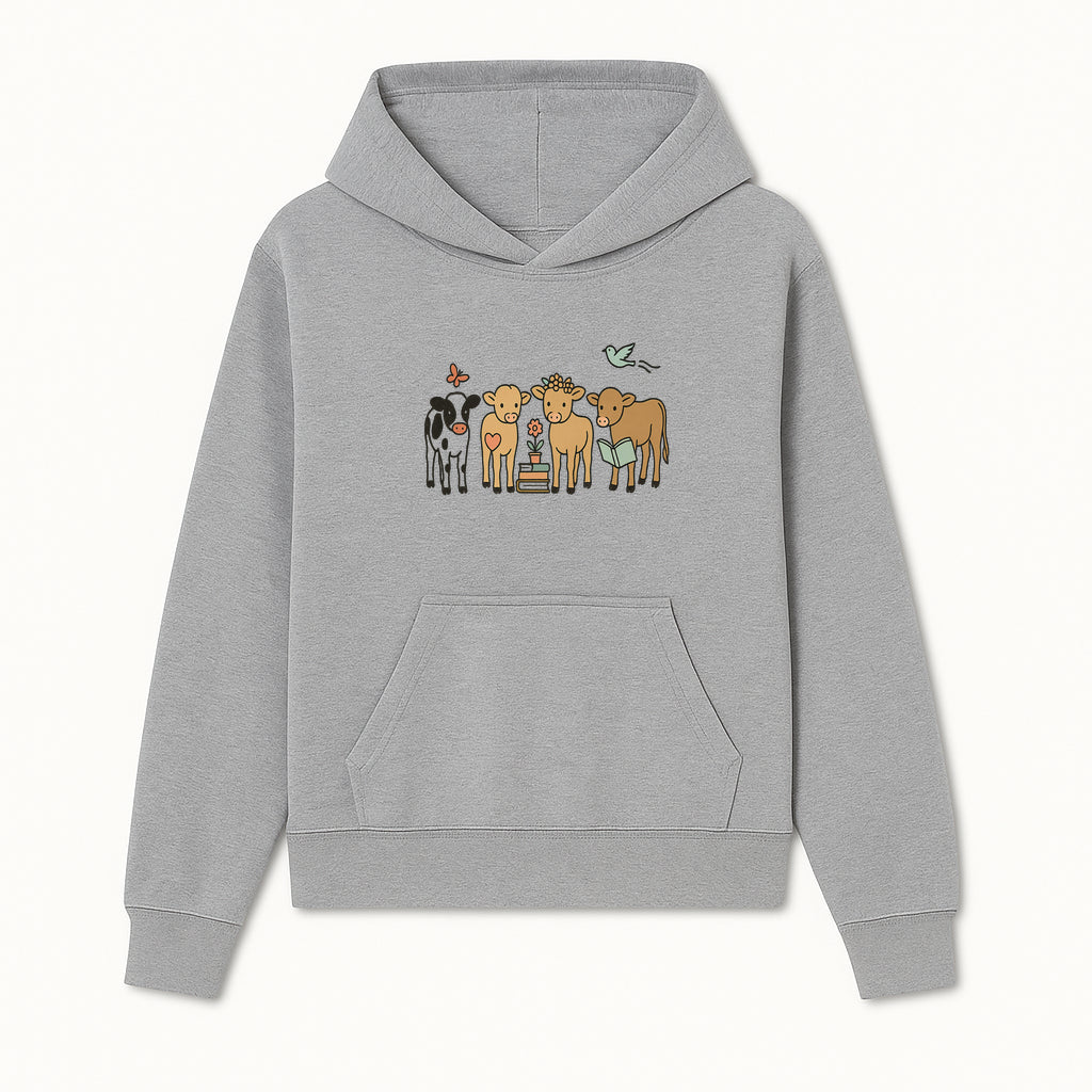 Cute Farm Animal Art Print - Cows with Books, Flower, and Butterfly - Whimsical Home Decor for Animal Lovers and Kids' Rooms - Hoodie 1758093392330.jpg