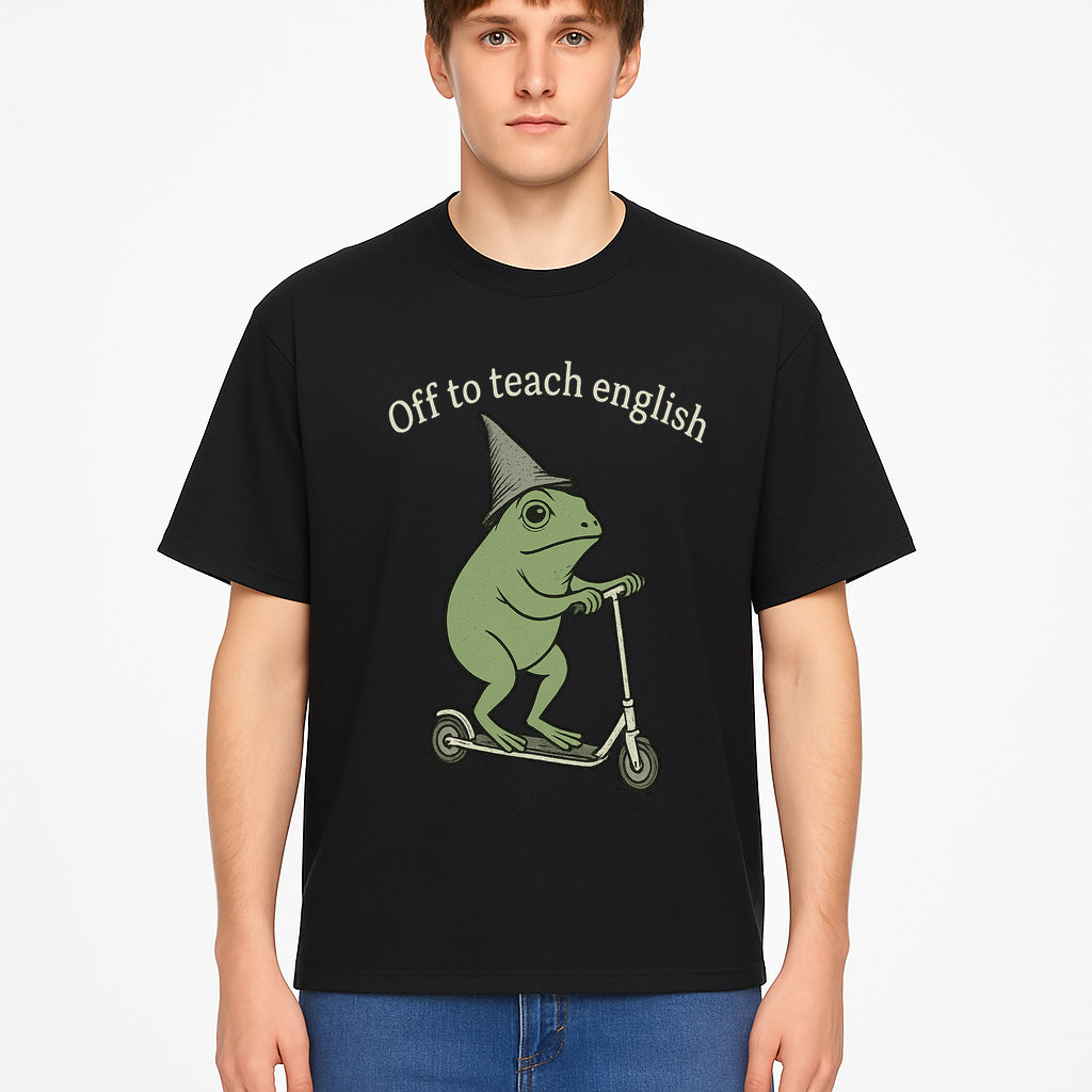 Funny Frog Scooting Off to Teach English T-Shirt, Cute Teacher Gift, Humorous Classroom Apparel, Whimsical Design for ESL Educators - T-shirt 1758093392671.jpg