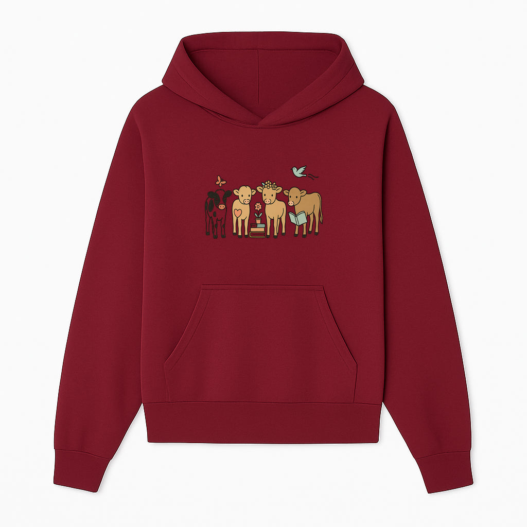 Cute Farm Animal Art Print - Cows with Books, Flower, and Butterfly - Whimsical Home Decor for Animal Lovers and Kids' Rooms - Hoodie 1758093392825.jpg