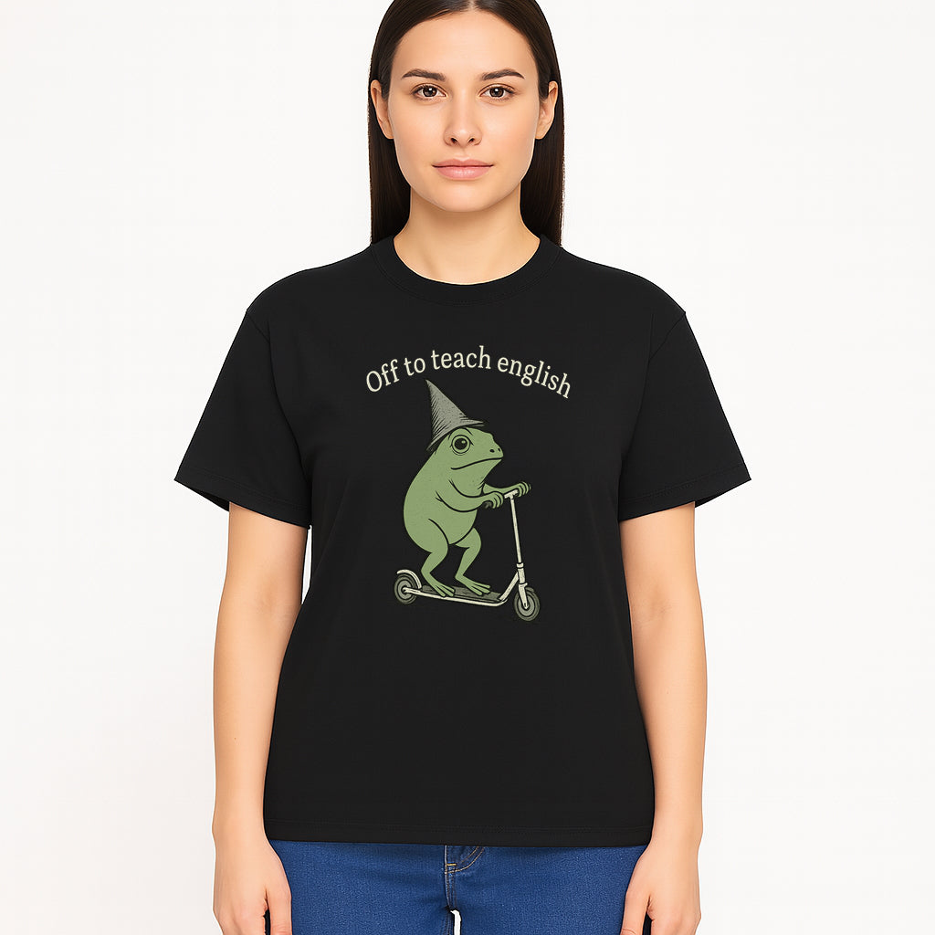 Funny Frog Scooting Off to Teach English T-Shirt, Cute Teacher Gift, Humorous Classroom Apparel, Whimsical Design for ESL Educators - T-shirt 1758093392833.jpg