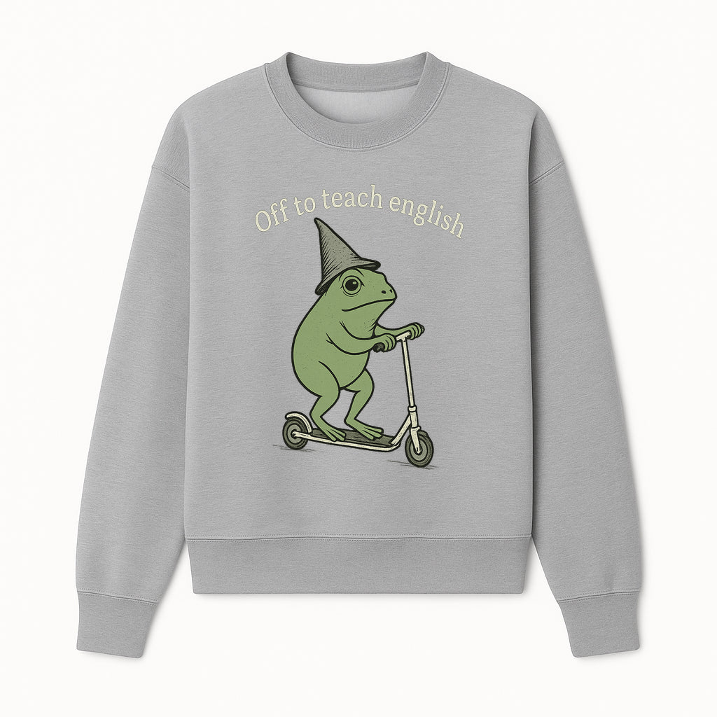 Funny Frog Scooting Off to Teach English T-Shirt, Cute Teacher Gift, Humorous Classroom Apparel, Whimsical Design for ESL Educators - Sweatshirt 1758093393008.jpg