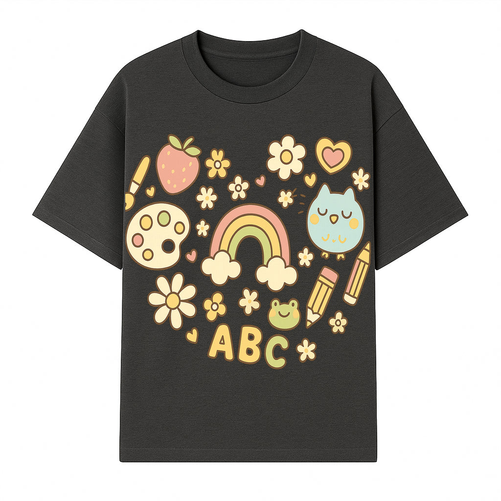 Colorful Kids' Art Print with ABC, Rainbow, Flowers, and Cute Animals - Ideal for Nursery Decor or Children's Room Wall Art - T-shirt 1758093393032.jpg