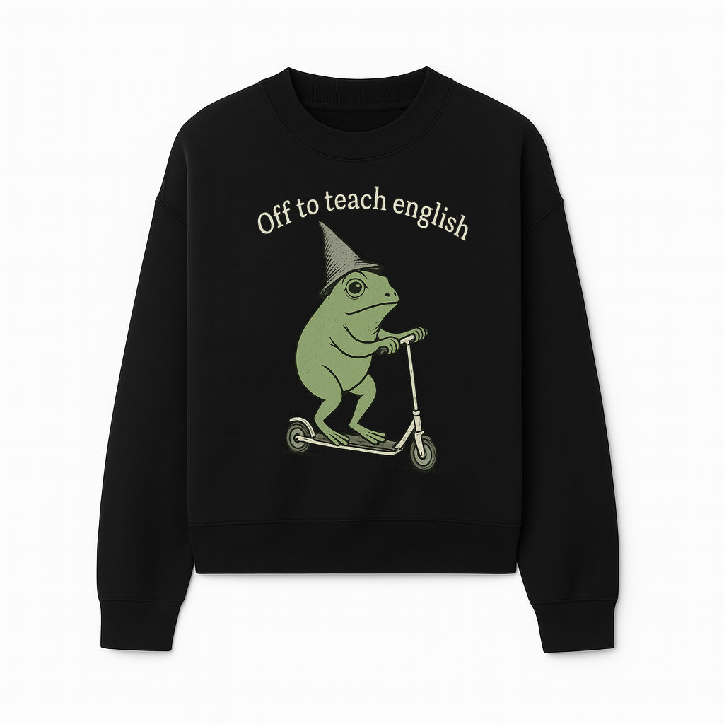 Funny Frog Scooting Off to Teach English T-Shirt, Cute Teacher Gift, Humorous Classroom Apparel, Whimsical Design for ESL Educators - Sweatshirt 1758093393160.jpg