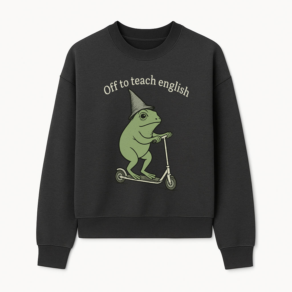 Funny Frog Scooting Off to Teach English T-Shirt, Cute Teacher Gift, Humorous Classroom Apparel, Whimsical Design for ESL Educators - Sweatshirt 1758093393359.jpg
