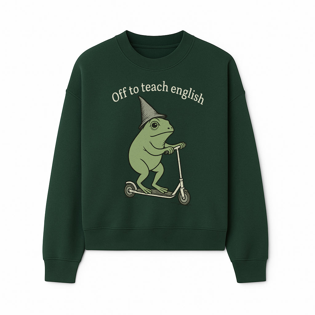 Funny Frog Scooting Off to Teach English T-Shirt, Cute Teacher Gift, Humorous Classroom Apparel, Whimsical Design for ESL Educators - Sweatshirt 1758093393533.jpg