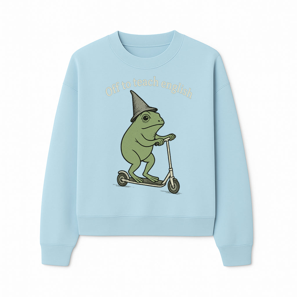 Funny Frog Scooting Off to Teach English T-Shirt, Cute Teacher Gift, Humorous Classroom Apparel, Whimsical Design for ESL Educators - Sweatshirt 1758093393877.jpg