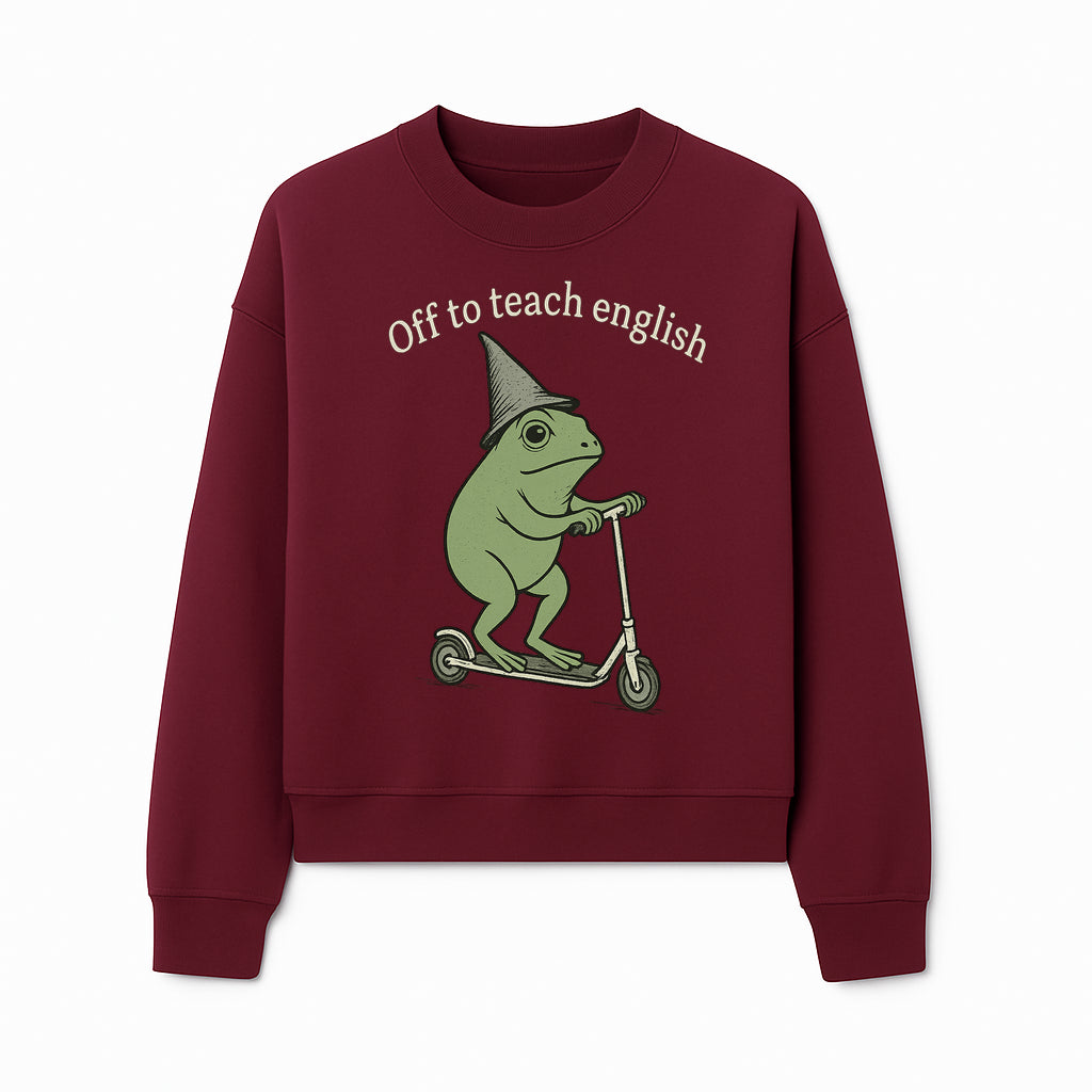 Funny Frog Scooting Off to Teach English T-Shirt, Cute Teacher Gift, Humorous Classroom Apparel, Whimsical Design for ESL Educators - Sweatshirt 1758093394231.jpg