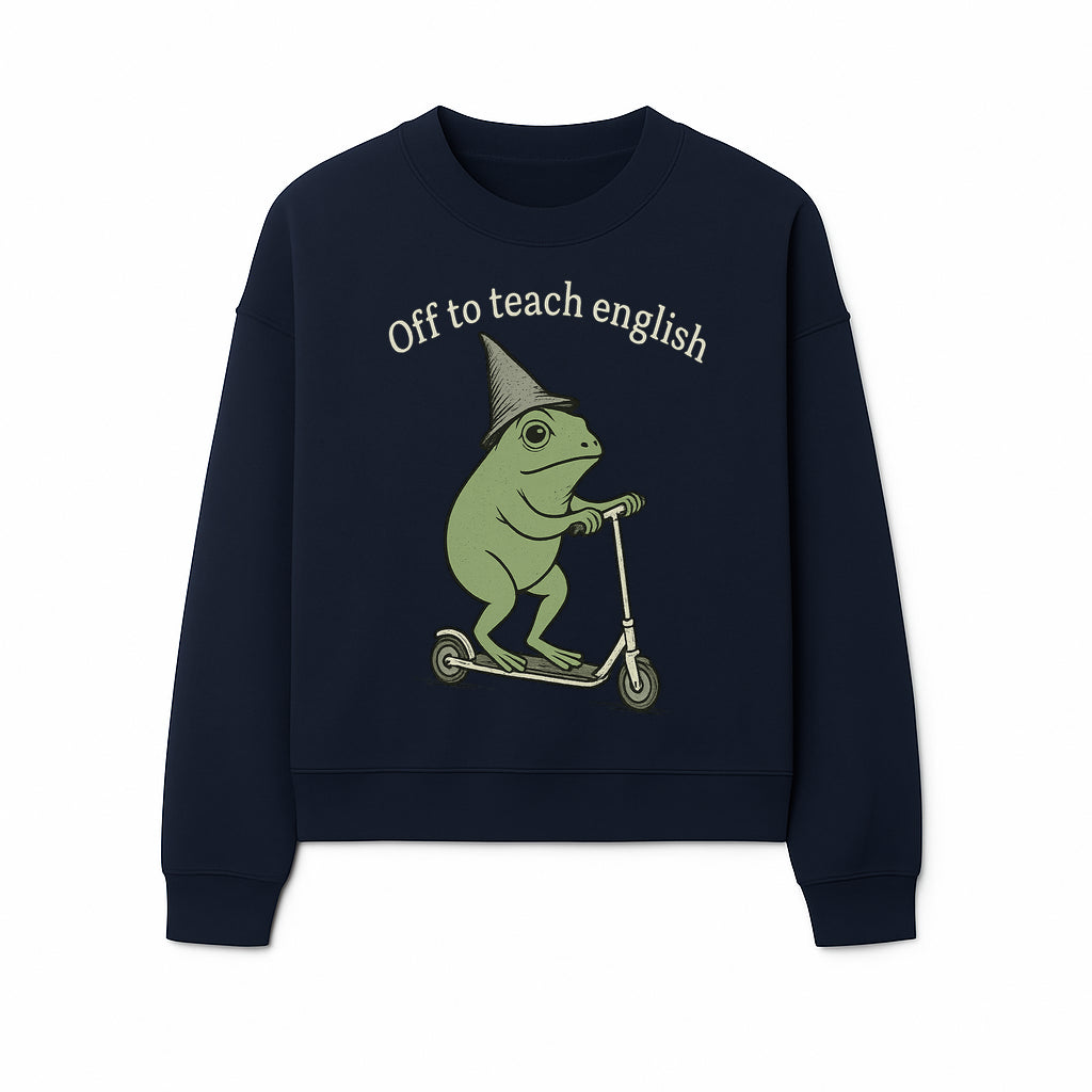 Funny Frog Scooting Off to Teach English T-Shirt, Cute Teacher Gift, Humorous Classroom Apparel, Whimsical Design for ESL Educators - Sweatshirt 1758093394420.jpg