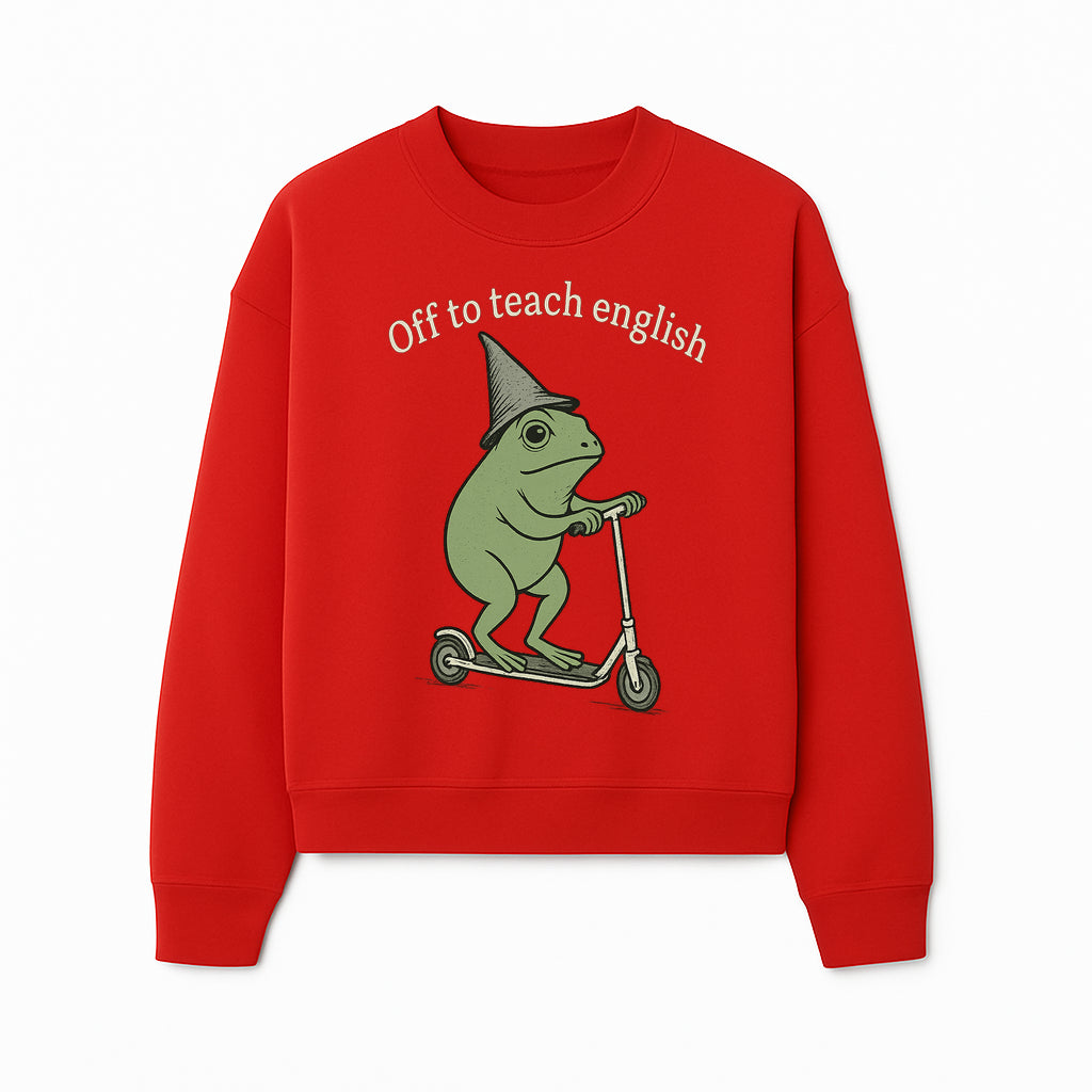 Funny Frog Scooting Off to Teach English T-Shirt, Cute Teacher Gift, Humorous Classroom Apparel, Whimsical Design for ESL Educators - Sweatshirt 1758093394551.jpg