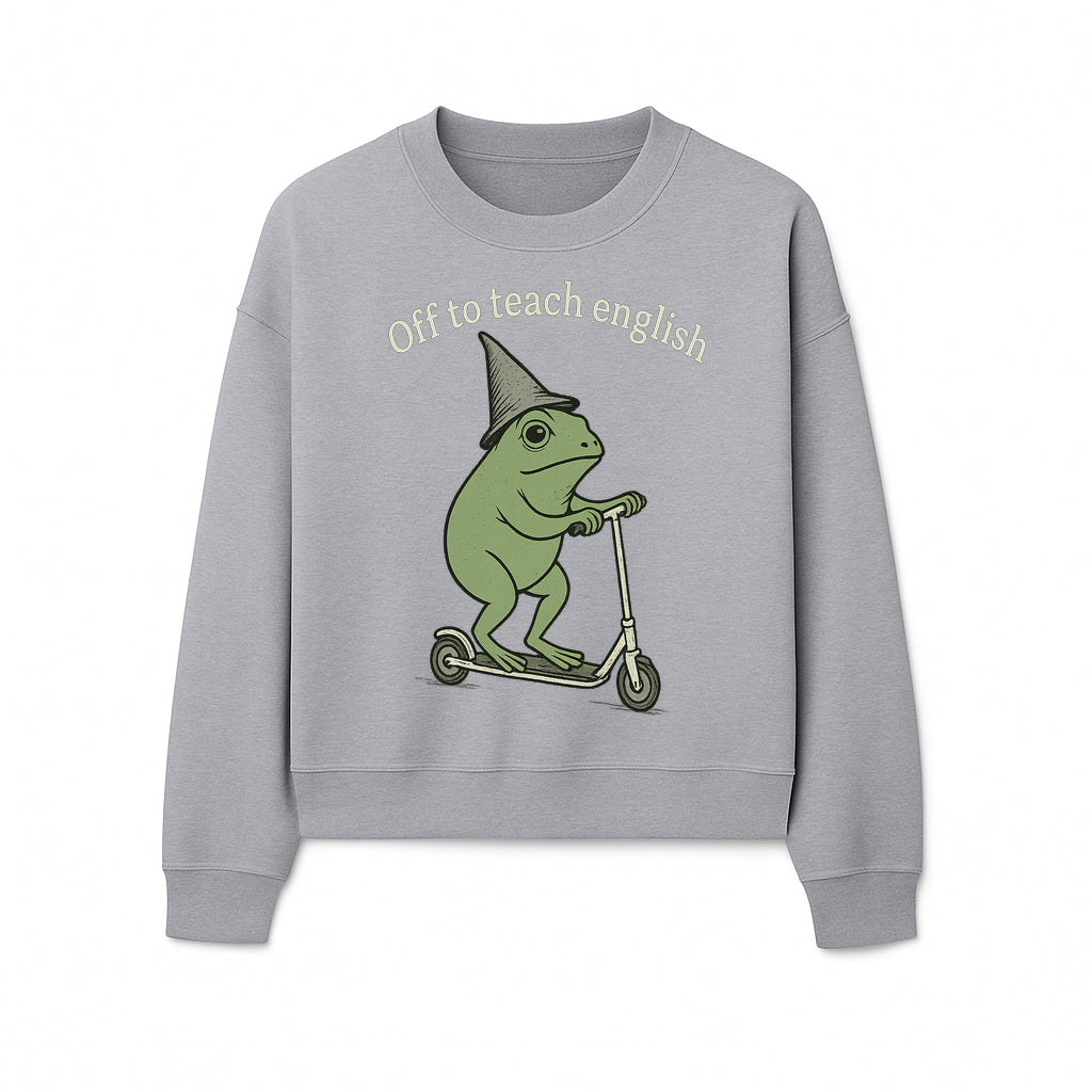 Funny Frog Scooting Off to Teach English T-Shirt, Cute Teacher Gift, Humorous Classroom Apparel, Whimsical Design for ESL Educators - Sweatshirt 1758093394697.jpg