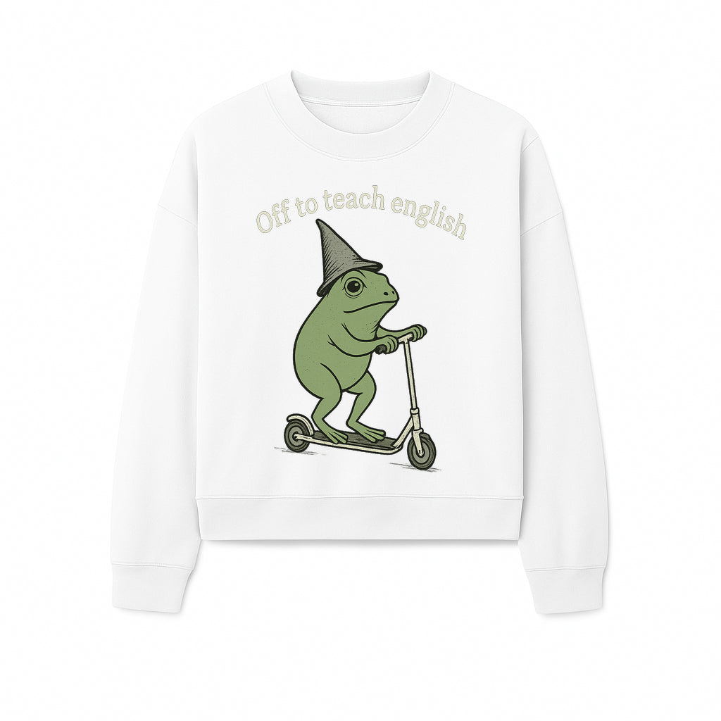 Funny Frog Scooting Off to Teach English T-Shirt, Cute Teacher Gift, Humorous Classroom Apparel, Whimsical Design for ESL Educators - Sweatshirt 1758093394855.jpg