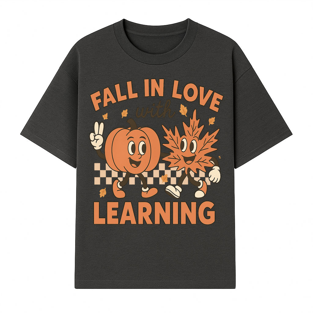 Fall in Love with Learning: Cute Pumpkin & Leaf Character Autumn School Decor - T-shirt 1758093394870.jpg