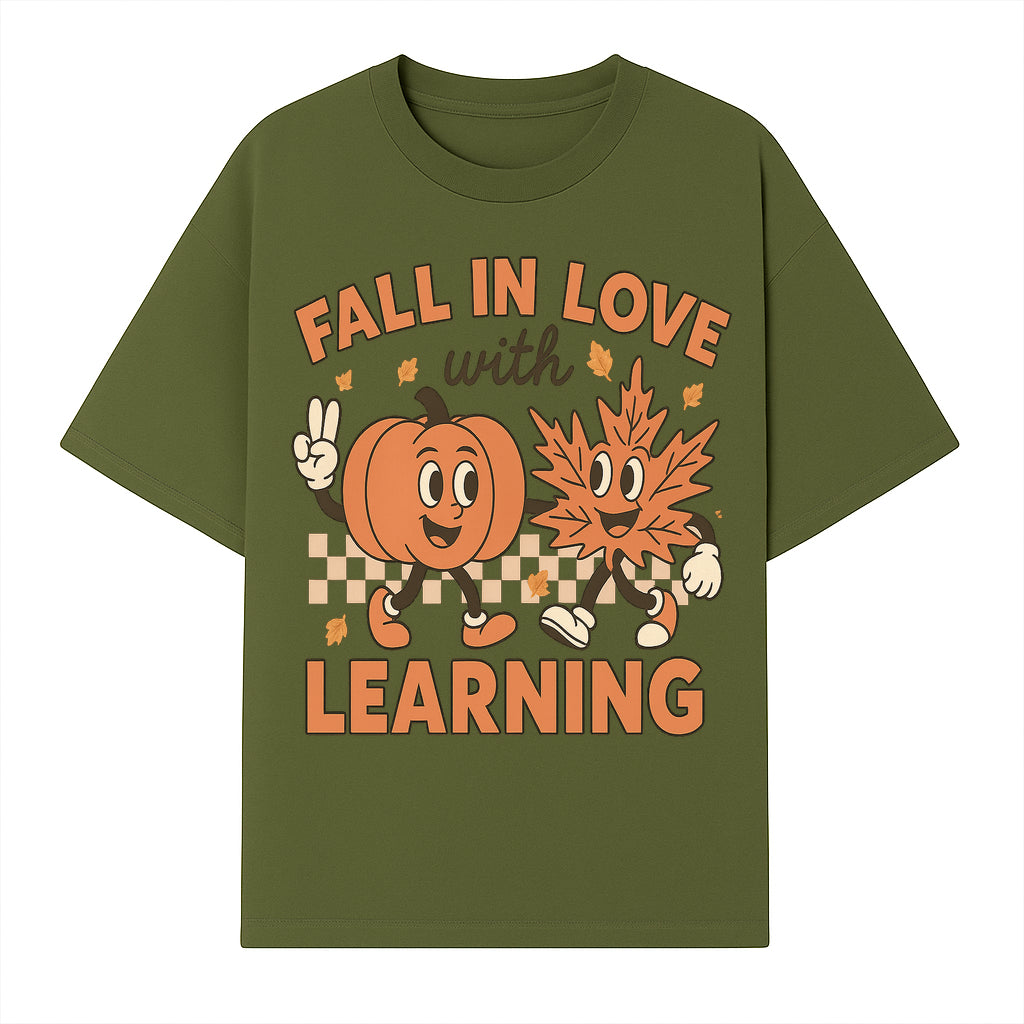 Fall in Love with Learning: Cute Pumpkin & Leaf Character Autumn School Decor - T-shirt 1758093395037.jpg