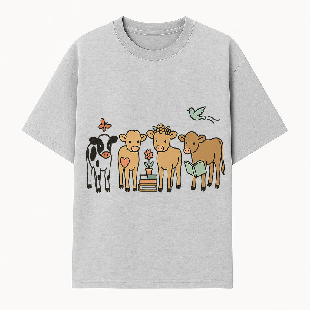 Cute Farm Animal Art Print - Cows with Books, Flower, and Butterfly - Whimsical Home Decor for Animal Lovers and Kids' Rooms - T-shirt 1758093395111.jpg