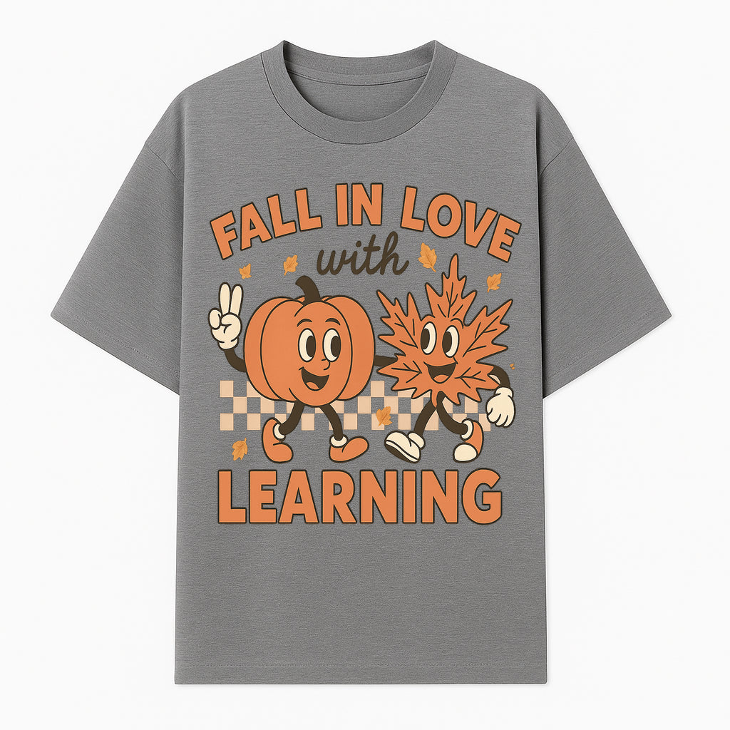Fall in Love with Learning: Cute Pumpkin & Leaf Character Autumn School Decor - T-shirt 1758093395171.jpg
