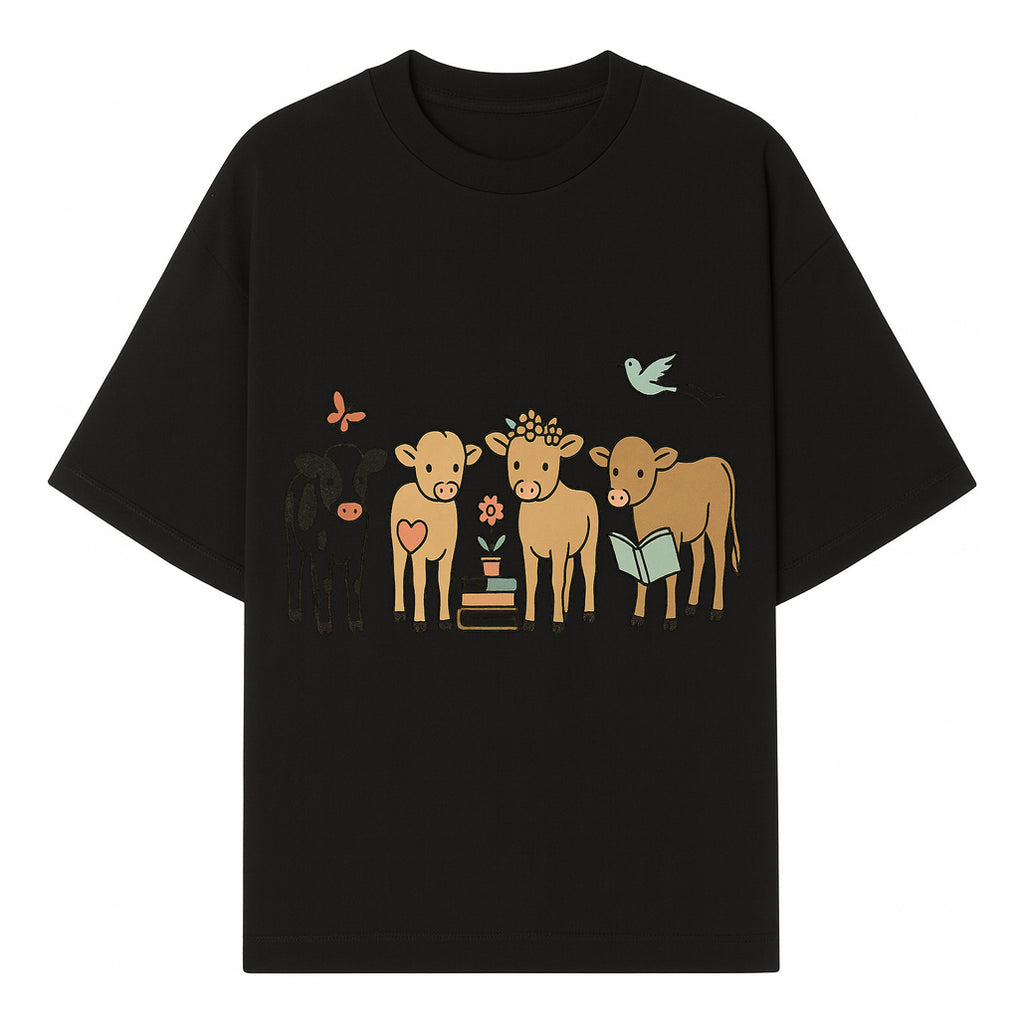 Cute Farm Animal Art Print - Cows with Books, Flower, and Butterfly - Whimsical Home Decor for Animal Lovers and Kids' Rooms - T-shirt 1758093395348.jpg