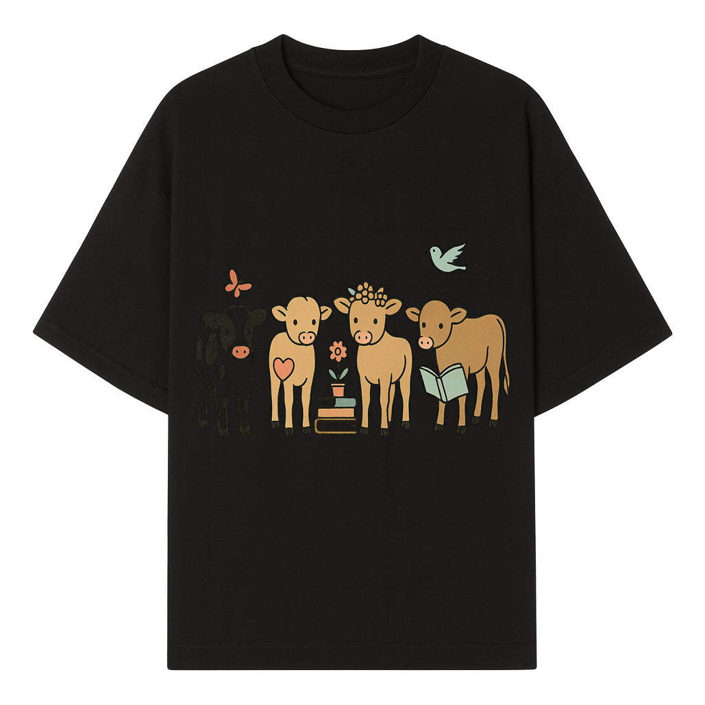 Cute Farm Animal Art Print - Cows with Books, Flower, and Butterfly - Whimsical Home Decor for Animal Lovers and Kids' Rooms - T-shirt 1758093395348.jpg
