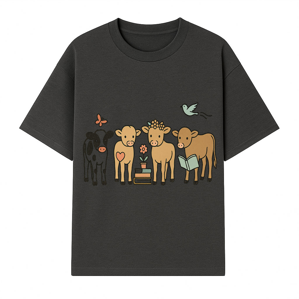 Cute Farm Animal Art Print - Cows with Books, Flower, and Butterfly - Whimsical Home Decor for Animal Lovers and Kids' Rooms - T-shirt 1758093395540.jpg