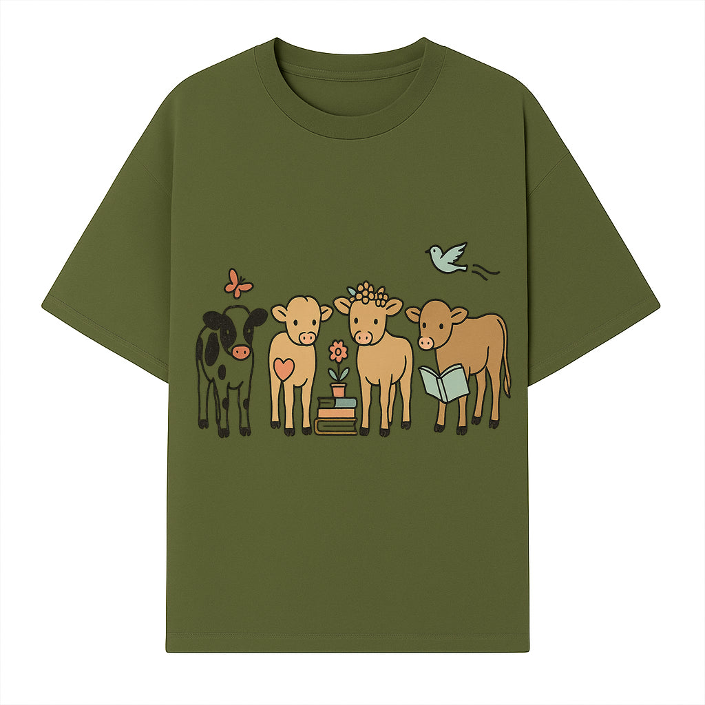 Cute Farm Animal Art Print - Cows with Books, Flower, and Butterfly - Whimsical Home Decor for Animal Lovers and Kids' Rooms - T-shirt 1758093395715.jpg