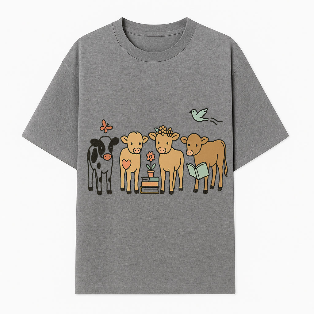 Cute Farm Animal Art Print - Cows with Books, Flower, and Butterfly - Whimsical Home Decor for Animal Lovers and Kids' Rooms - T-shirt 1758093395863.jpg