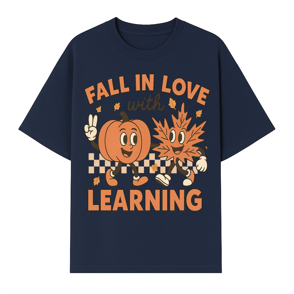 Fall in Love with Learning: Cute Pumpkin & Leaf Character Autumn School Decor - T-shirt 1758093395941.jpg