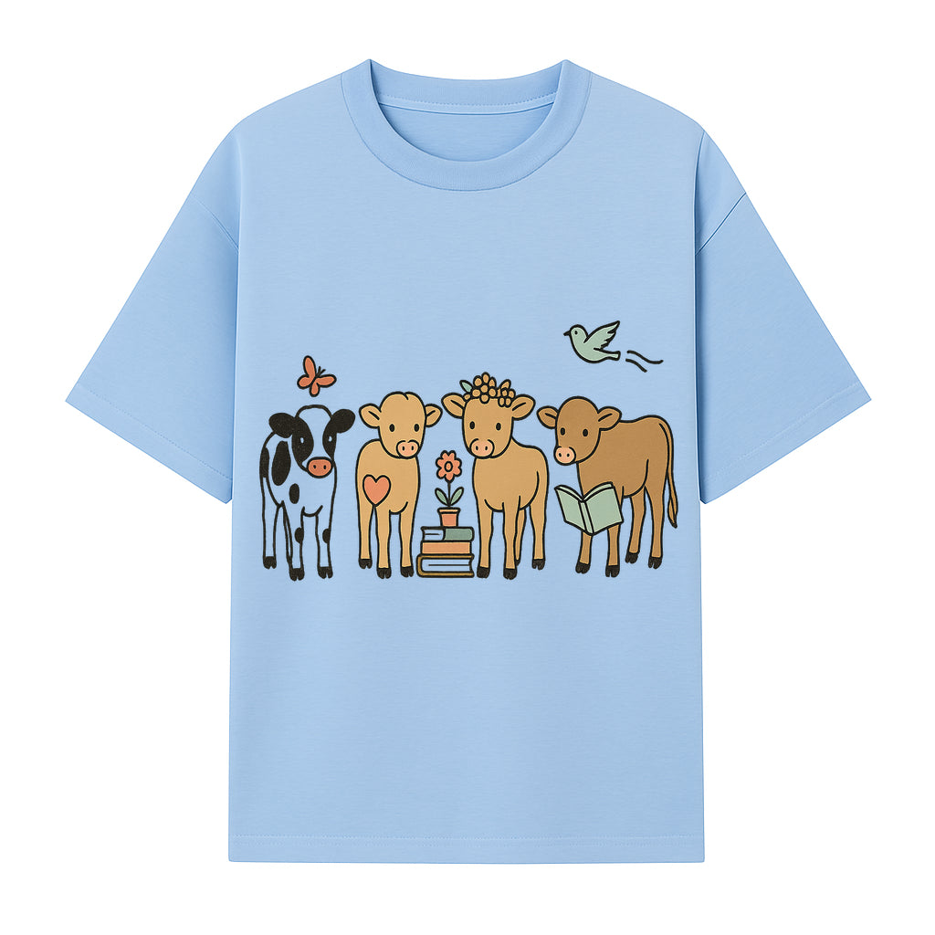 Cute Farm Animal Art Print - Cows with Books, Flower, and Butterfly - Whimsical Home Decor for Animal Lovers and Kids' Rooms - T-shirt 1758093396044.jpg