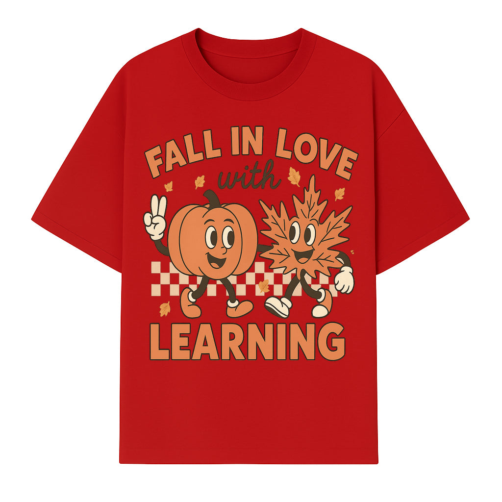 Fall in Love with Learning: Cute Pumpkin & Leaf Character Autumn School Decor - T-shirt 1758093396111.jpg