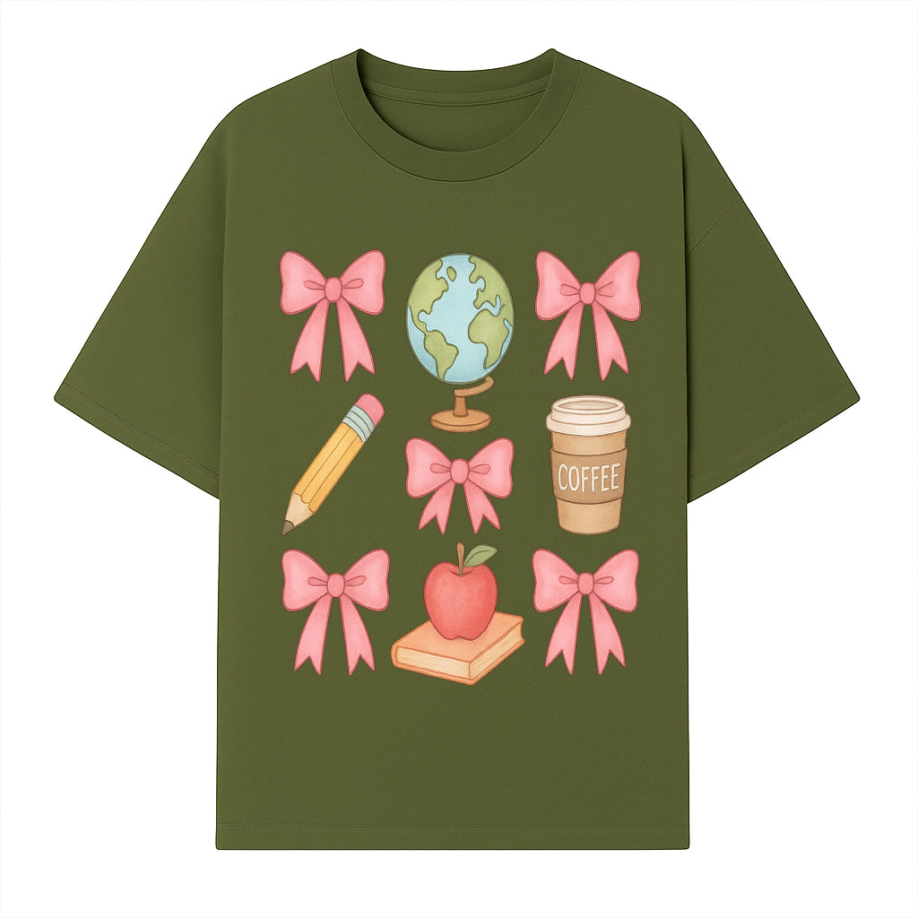 Colorful School and Coffee Themed Stickers Set with Bows, Apple, Globe, Pencil, and Books - Cute Teacher Gifts - T-shirt 1758093396203.jpg
