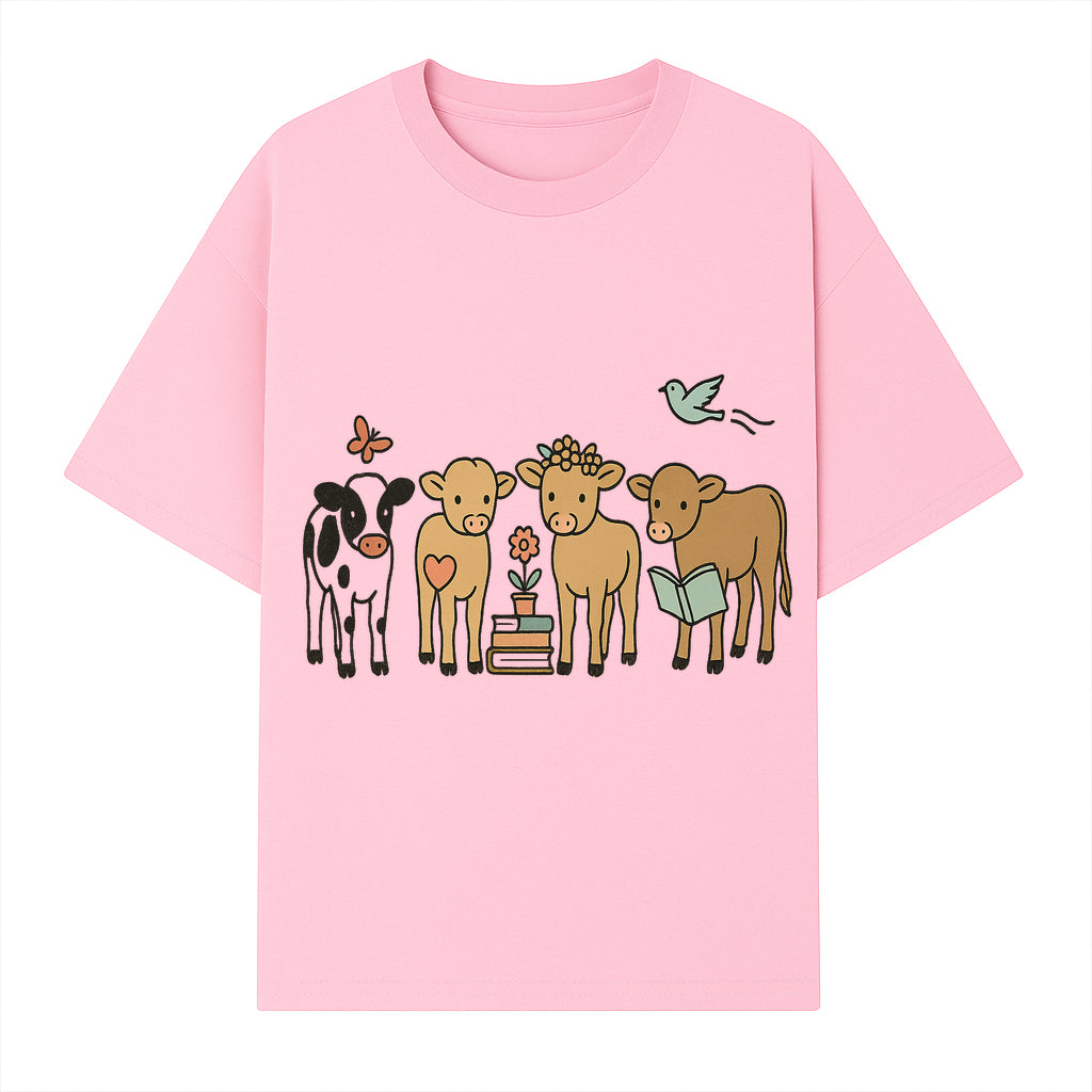 Cute Farm Animal Art Print - Cows with Books, Flower, and Butterfly - Whimsical Home Decor for Animal Lovers and Kids' Rooms - T-shirt 1758093396249.jpg