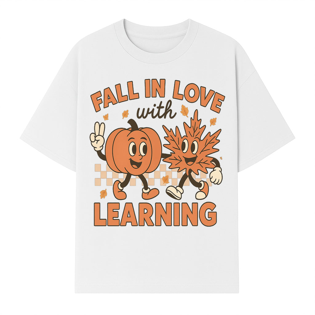 Fall in Love with Learning: Cute Pumpkin & Leaf Character Autumn School Decor - T-shirt 1758093396495.jpg