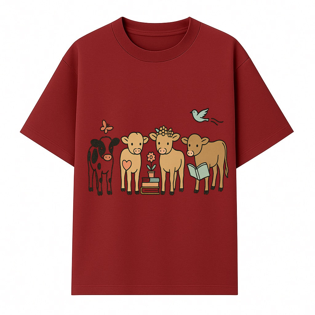 Cute Farm Animal Art Print - Cows with Books, Flower, and Butterfly - Whimsical Home Decor for Animal Lovers and Kids' Rooms - T-shirt 1758093396527.jpg