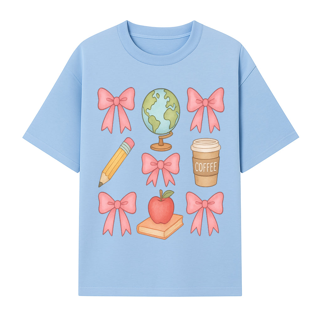 Colorful School and Coffee Themed Stickers Set with Bows, Apple, Globe, Pencil, and Books - Cute Teacher Gifts - T-shirt 1758093396578.jpg