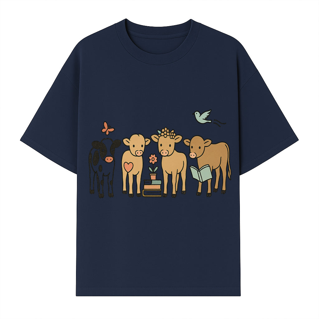 Cute Farm Animal Art Print - Cows with Books, Flower, and Butterfly - Whimsical Home Decor for Animal Lovers and Kids' Rooms - T-shirt 1758093396691.jpg