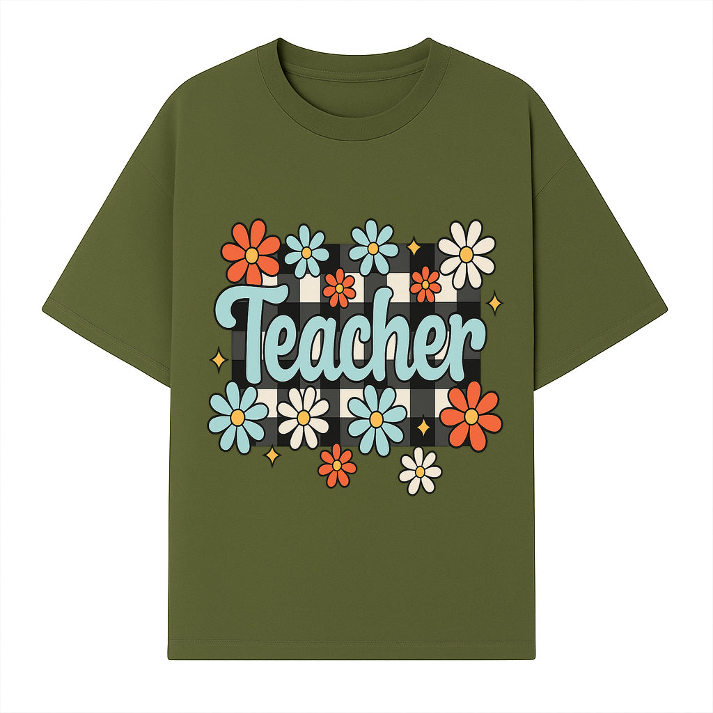 Floral Teacher Quote Art - Fun Checkered Background Decor for Classroom, Gifts, or Home - Colorful Teacher Appreciation Design - T-shirt 1758093396814.jpg