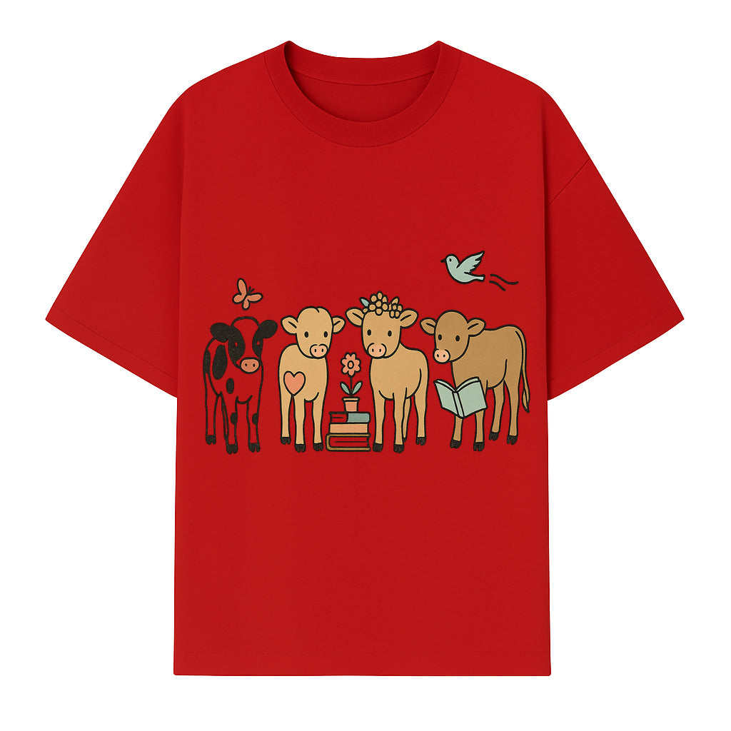 Cute Farm Animal Art Print - Cows with Books, Flower, and Butterfly - Whimsical Home Decor for Animal Lovers and Kids' Rooms - T-shirt 1758093396866.jpg
