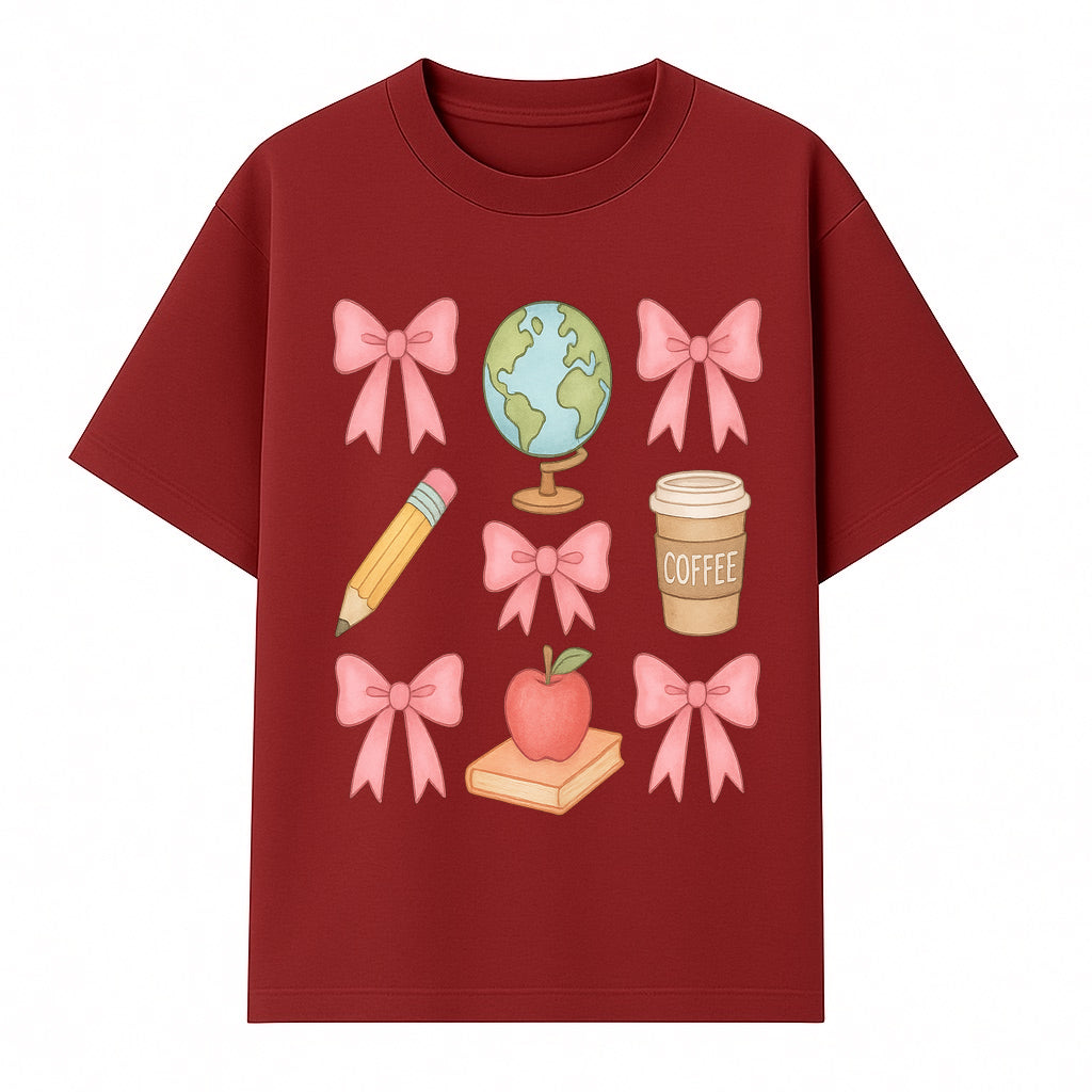 Colorful School and Coffee Themed Stickers Set with Bows, Apple, Globe, Pencil, and Books - Cute Teacher Gifts - T-shirt 1758093397001.jpg