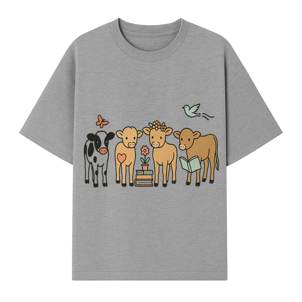 Cute Farm Animal Art Print - Cows with Books, Flower, and Butterfly - Whimsical Home Decor for Animal Lovers and Kids' Rooms - T-shirt 1758093397041.jpg