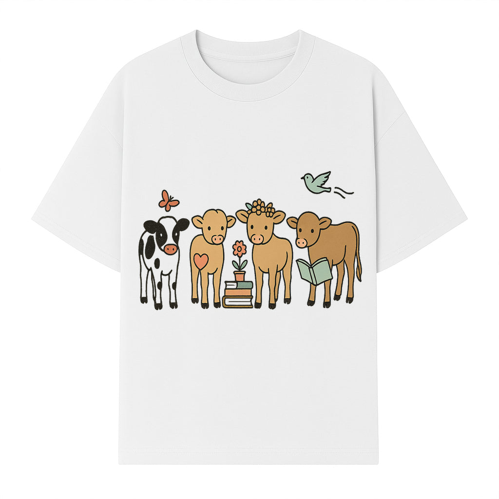 Cute Farm Animal Art Print - Cows with Books, Flower, and Butterfly - Whimsical Home Decor for Animal Lovers and Kids' Rooms - T-shirt 1758093397209.jpg