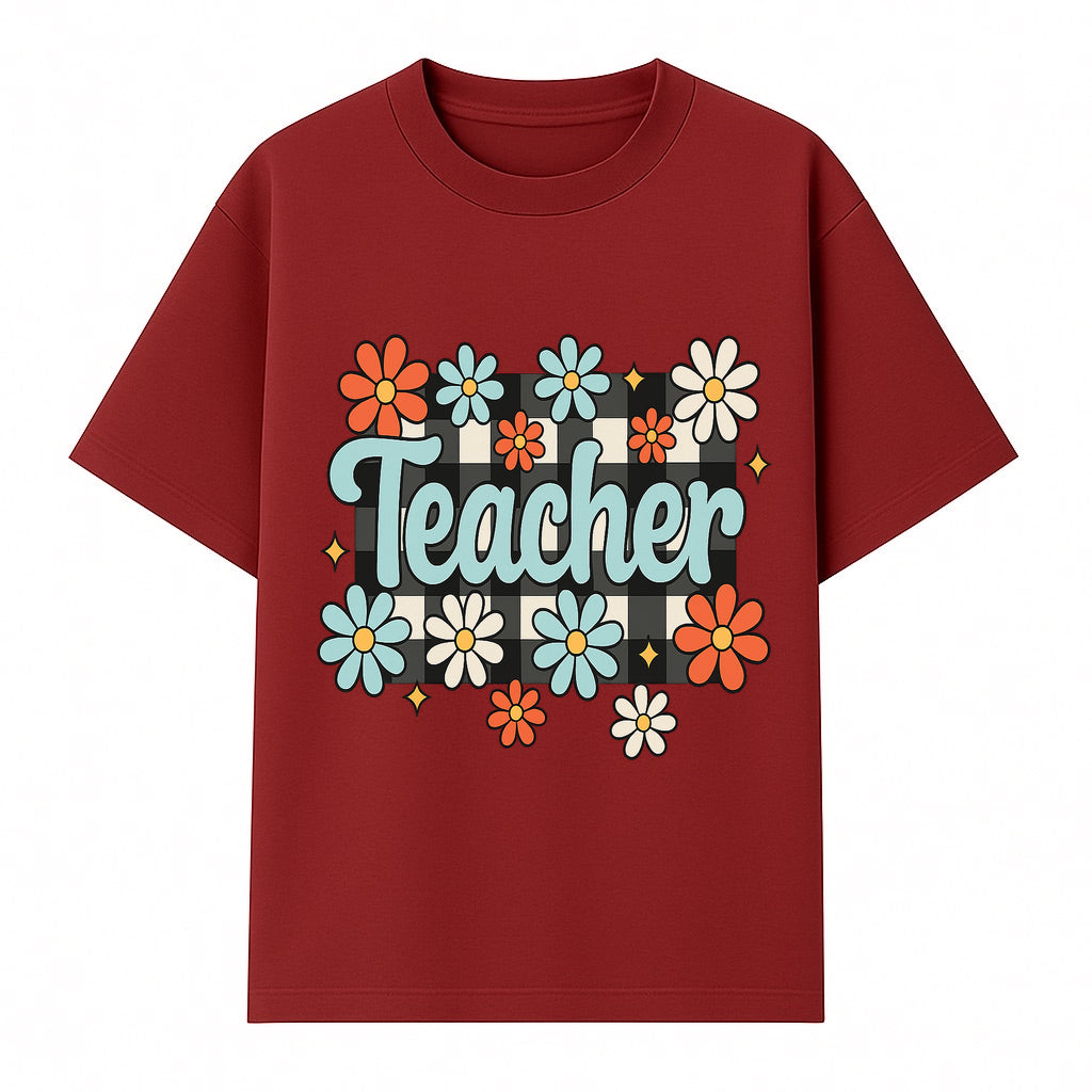 Floral Teacher Quote Art - Fun Checkered Background Decor for Classroom, Gifts, or Home - Colorful Teacher Appreciation Design - T-shirt 1758093397635.jpg