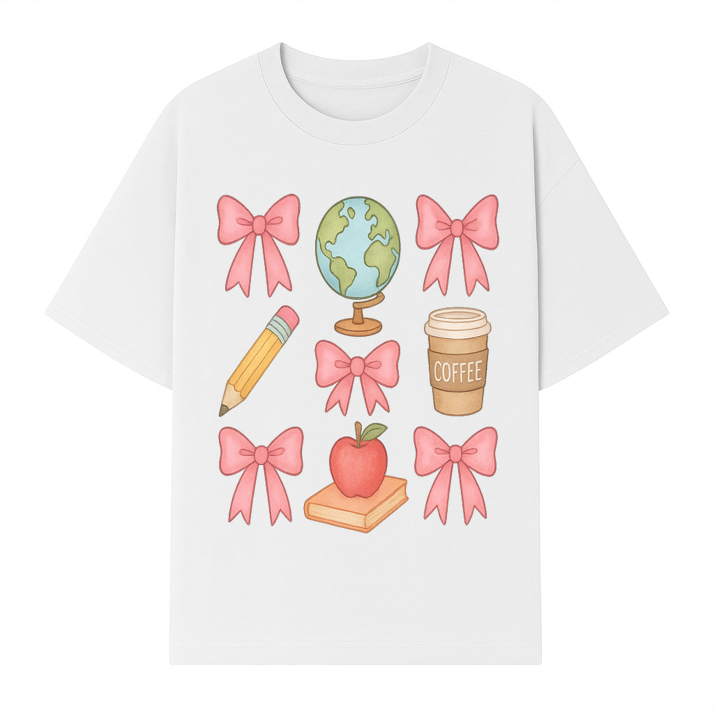 Colorful School and Coffee Themed Stickers Set with Bows, Apple, Globe, Pencil, and Books - Cute Teacher Gifts - T-shirt 1758093397646.jpg