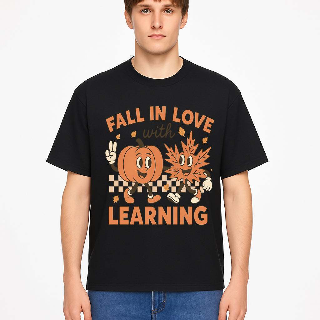 Fall in Love with Learning: Cute Pumpkin & Leaf Character Autumn School Decor - T-shirt 1758093397648.jpg