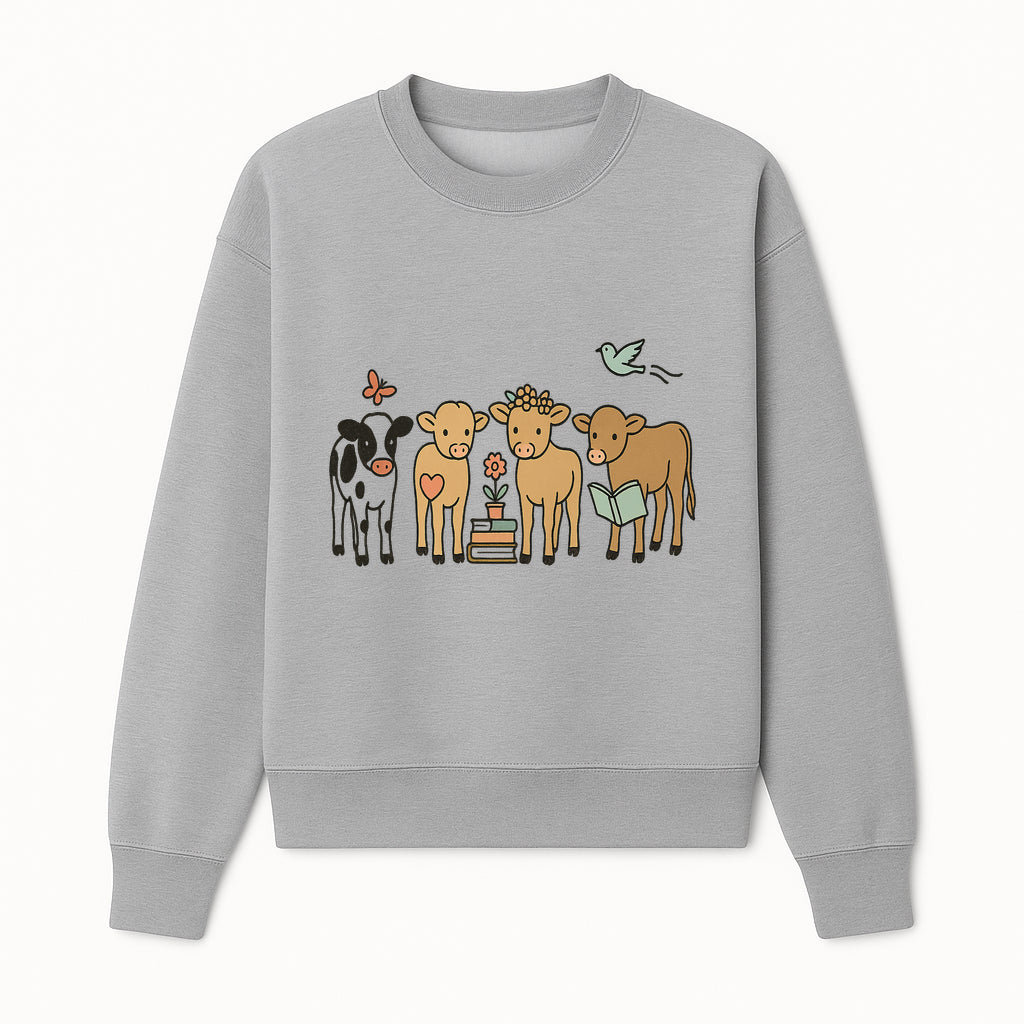 Cute Farm Animal Art Print - Cows with Books, Flower, and Butterfly - Whimsical Home Decor for Animal Lovers and Kids' Rooms - Sweatshirt 1758093398916.jpg
