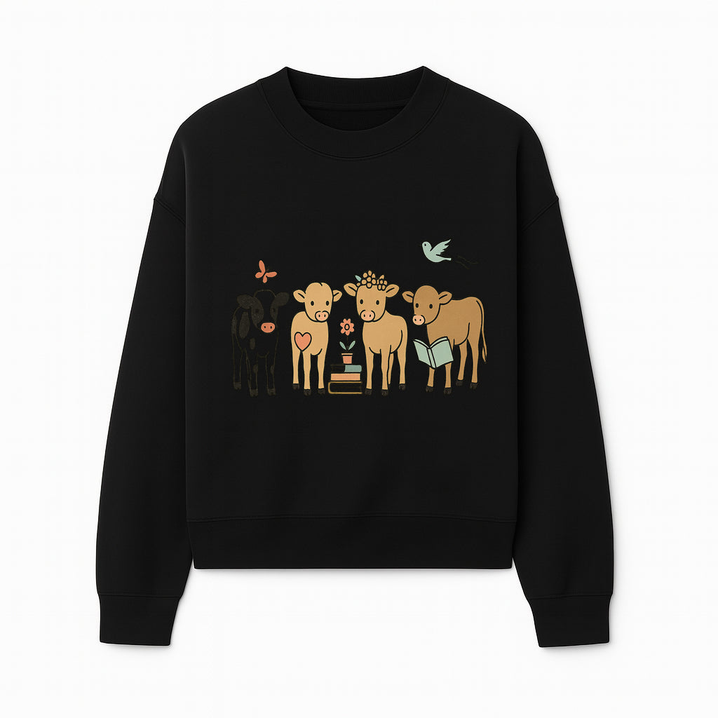 Cute Farm Animal Art Print - Cows with Books, Flower, and Butterfly - Whimsical Home Decor for Animal Lovers and Kids' Rooms - Sweatshirt 1758093399100.jpg
