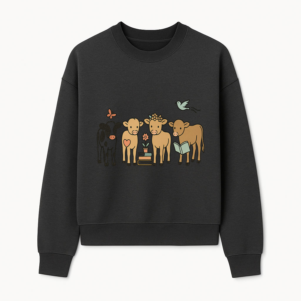 Cute Farm Animal Art Print - Cows with Books, Flower, and Butterfly - Whimsical Home Decor for Animal Lovers and Kids' Rooms - Sweatshirt 1758093399285.jpg