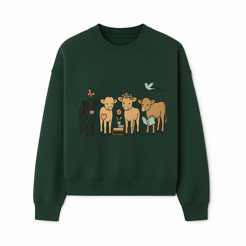 Cute Farm Animal Art Print - Cows with Books, Flower, and Butterfly - Whimsical Home Decor for Animal Lovers and Kids' Rooms - Sweatshirt 1758093399484.jpg