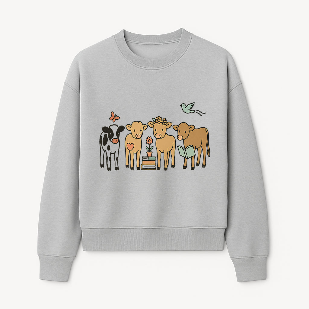 Cute Farm Animal Art Print - Cows with Books, Flower, and Butterfly - Whimsical Home Decor for Animal Lovers and Kids' Rooms - Sweatshirt 1758093399646.jpg