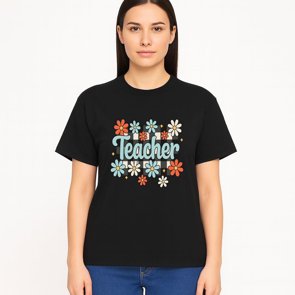 Floral Teacher Quote Art - Fun Checkered Background Decor for Classroom, Gifts, or Home - Colorful Teacher Appreciation Design - T-shirt 1758093399718.jpg
